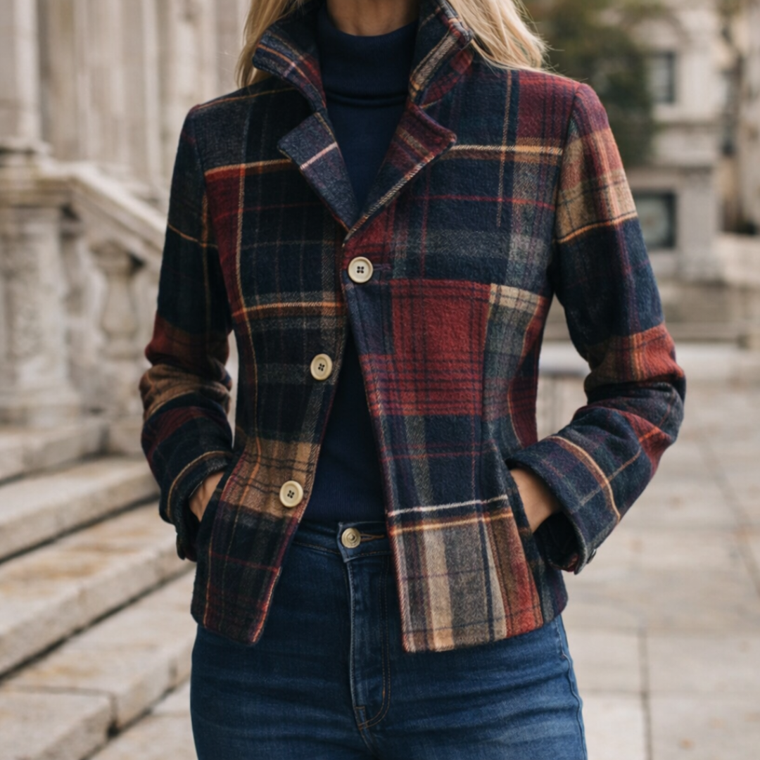 Natalie – Mid-Season Plaid Coat Featuring a Stand Collar