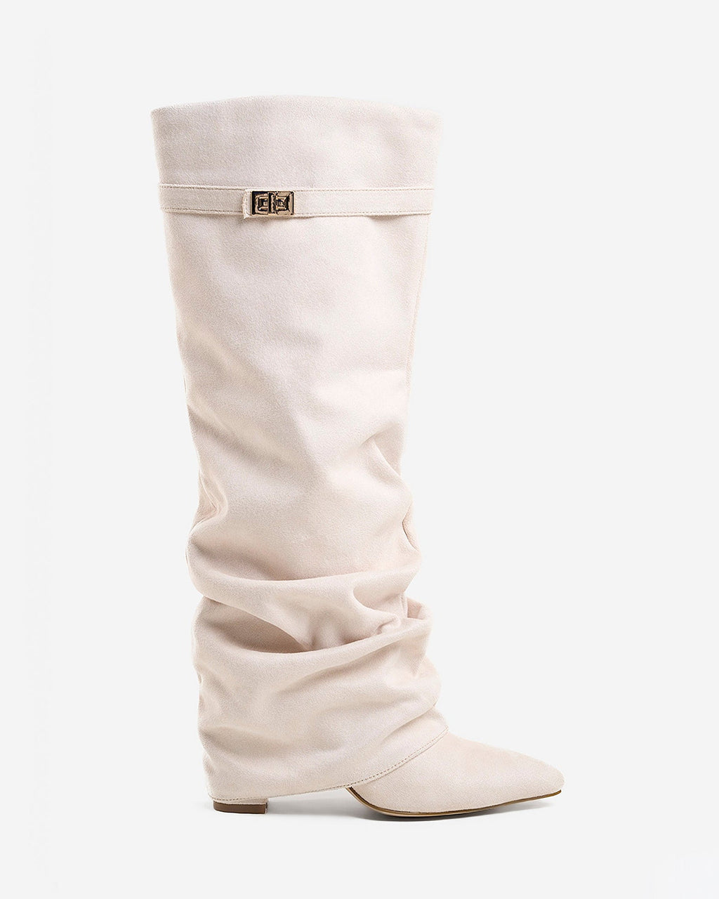 Women's Creamy Slouchy Suede Knee-High Boots with Buckle & Hidden Heel