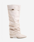 Women's Creamy Slouchy Suede Knee-High Boots with Buckle & Hidden Heel