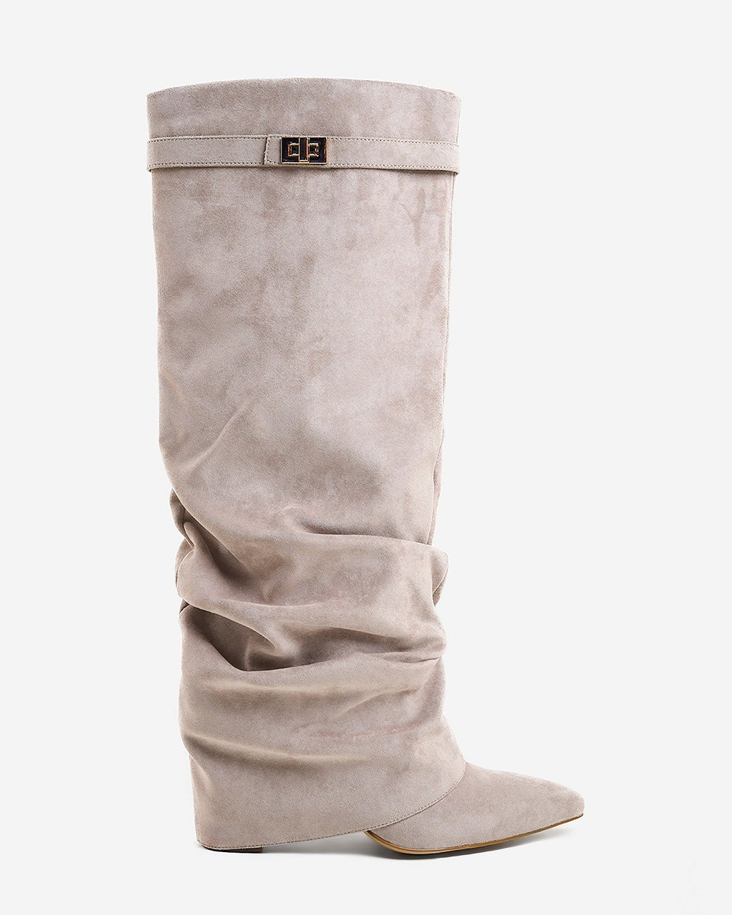 Women's Taupe Slouchy Suede Knee-High Boots with Buckle & Hidden Heel