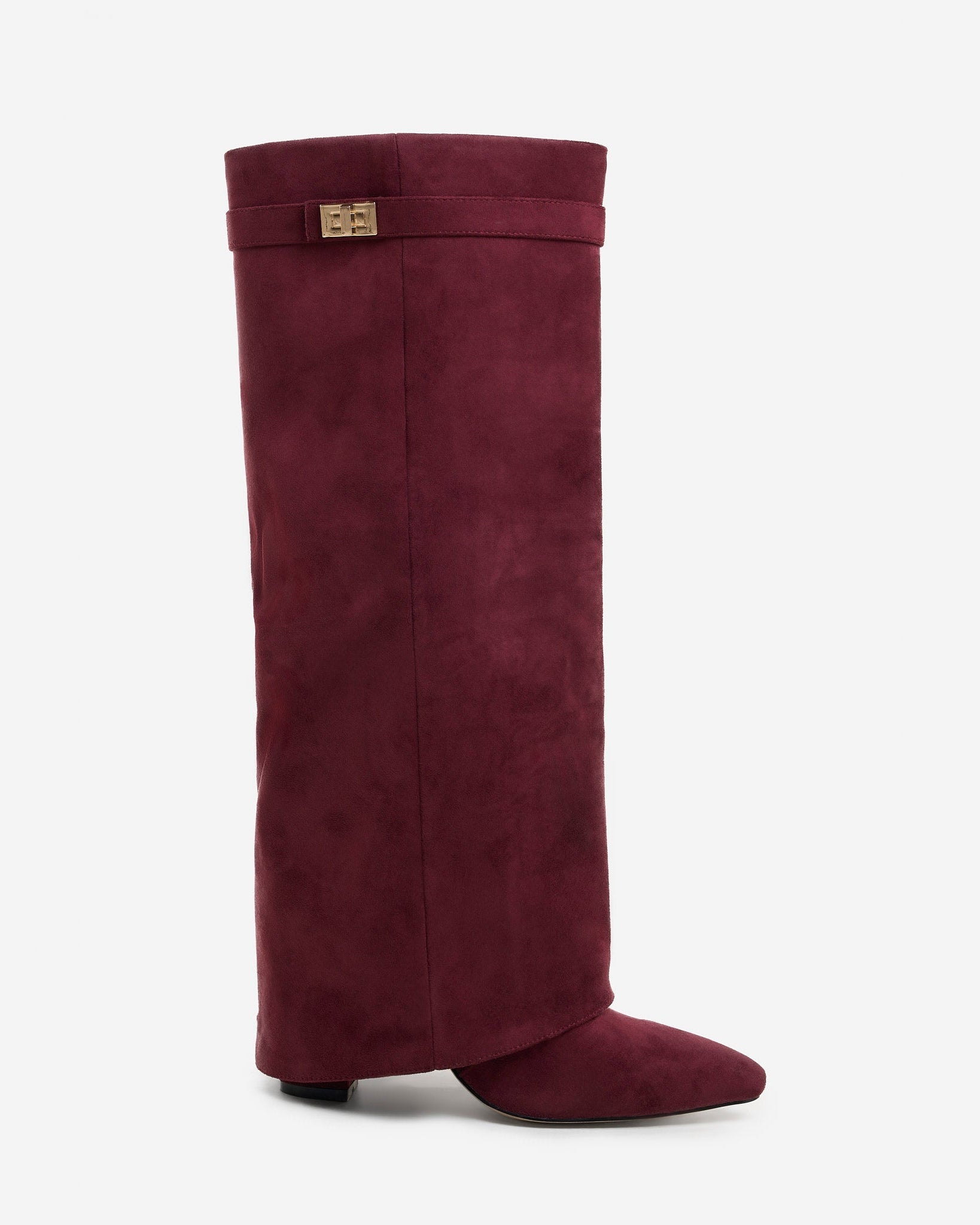 Women's Burgundy Suede Knee-High Boots with Buckle & Hidden Heel