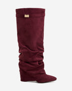 Women's Burgundy Slouchy Suede Knee-High Boots with Buckle & Hidden Heel