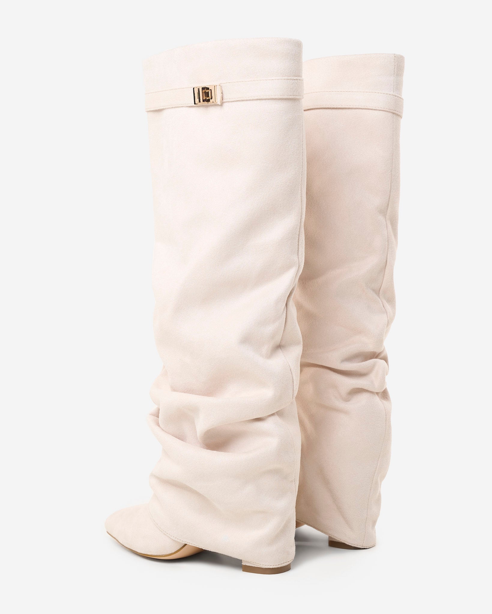 Women's Creamy Slouchy Suede Knee-High Boots with Buckle & Hidden Heel