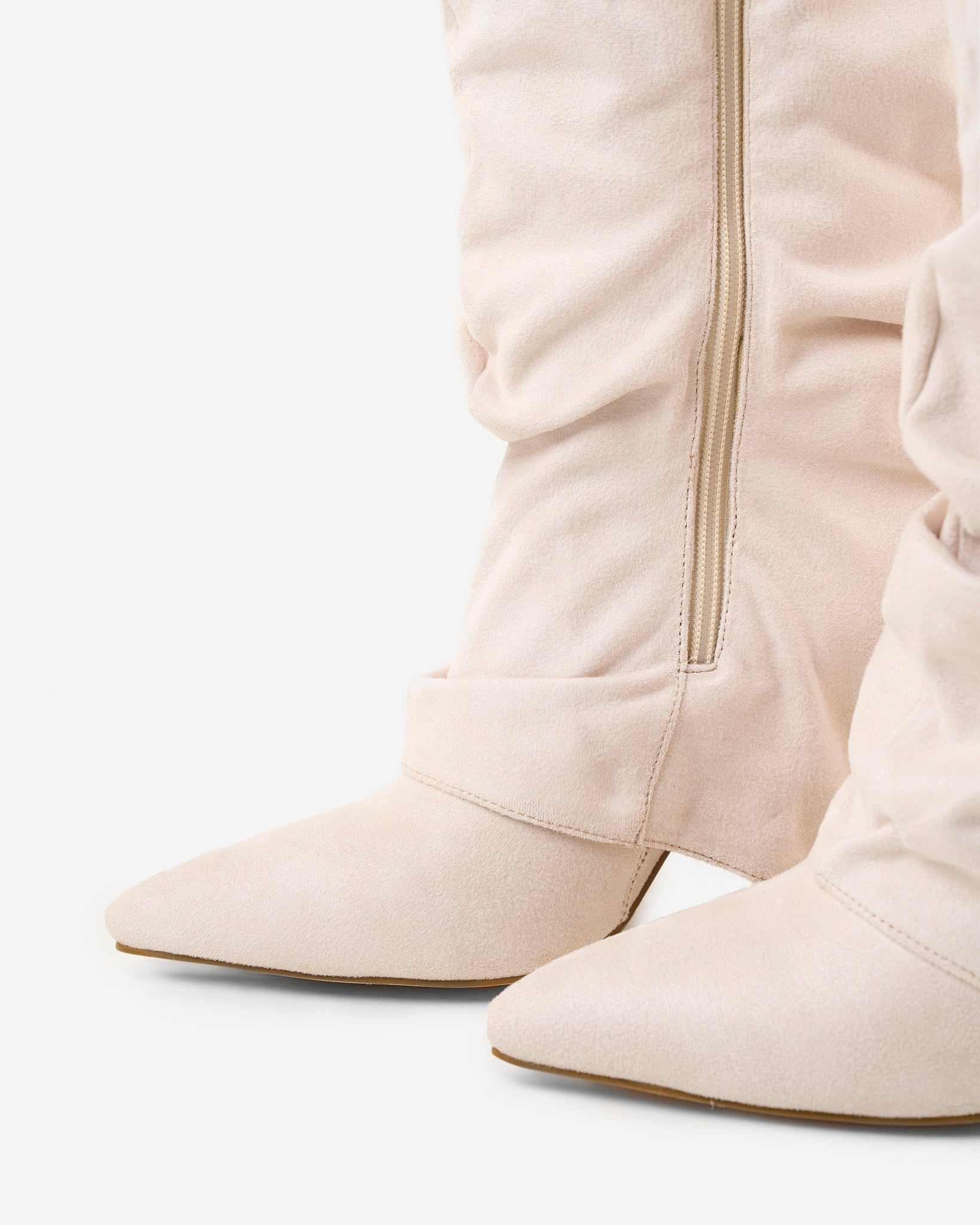 Women's Creamy Slouchy Suede Knee-High Boots with Buckle & Hidden Heel