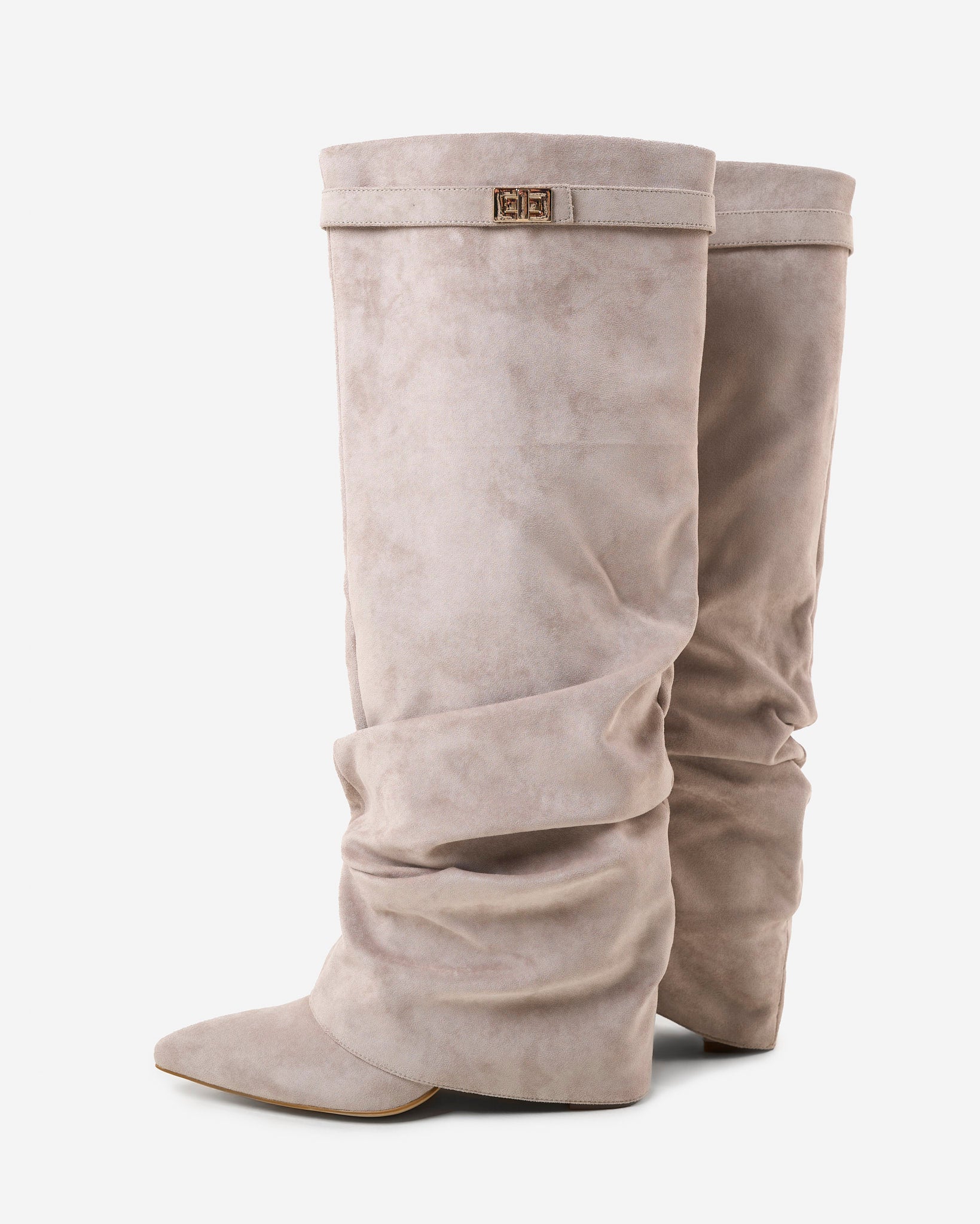 Women's Taupe Slouchy Suede Knee-High Boots with Buckle & Hidden Heel