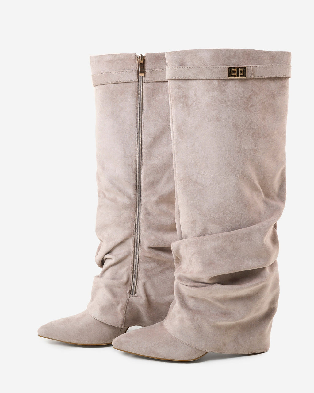 Women's Taupe Slouchy Suede Knee-High Boots with Buckle & Hidden Heel