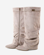 Women's Taupe Slouchy Suede Knee-High Boots with Buckle & Hidden Heel
