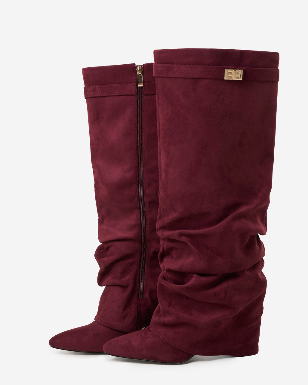 Women's Burgundy Slouchy Suede Knee-High Boots with Buckle & Hidden Heel