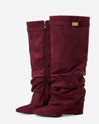 Women's Burgundy Slouchy Suede Knee-High Boots with Buckle & Hidden Heel