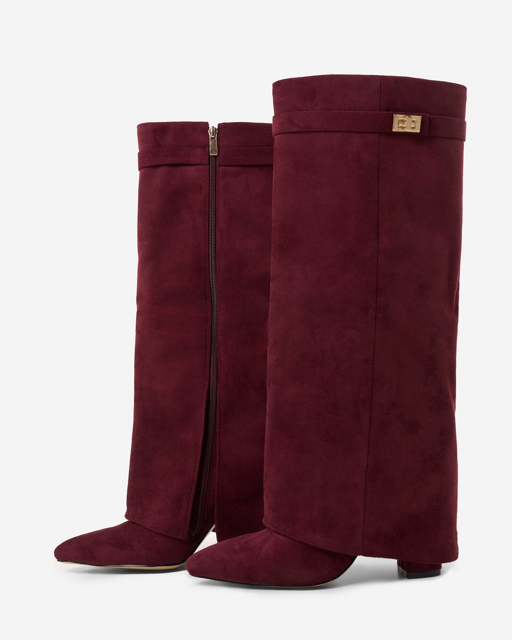 Women's Burgundy Suede Knee-High Boots with Buckle & Hidden Heel