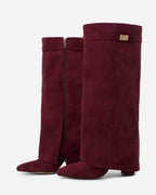 Women's Burgundy Suede Knee-High Boots with Buckle & Hidden Heel