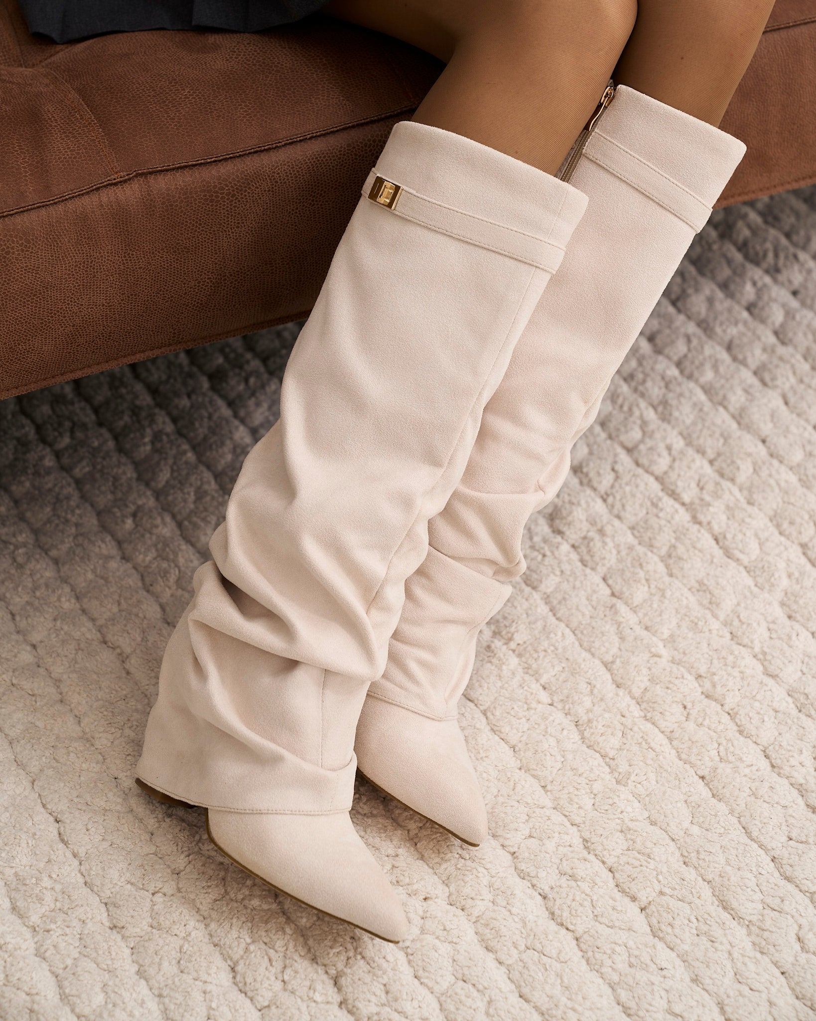 Women's Creamy Slouchy Suede Knee-High Boots with Buckle & Hidden Heel