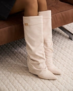 Women's Creamy Slouchy Suede Knee-High Boots with Buckle & Hidden Heel