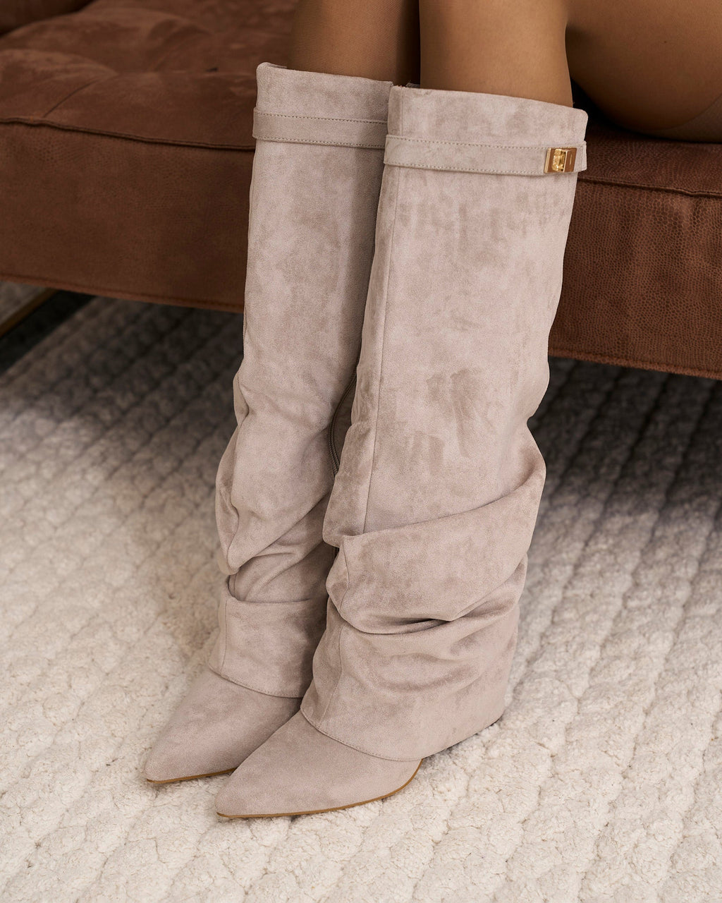 Women's Taupe Slouchy Suede Knee-High Boots with Buckle & Hidden Heel