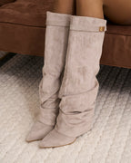 Women's Taupe Slouchy Suede Knee-High Boots with Buckle & Hidden Heel