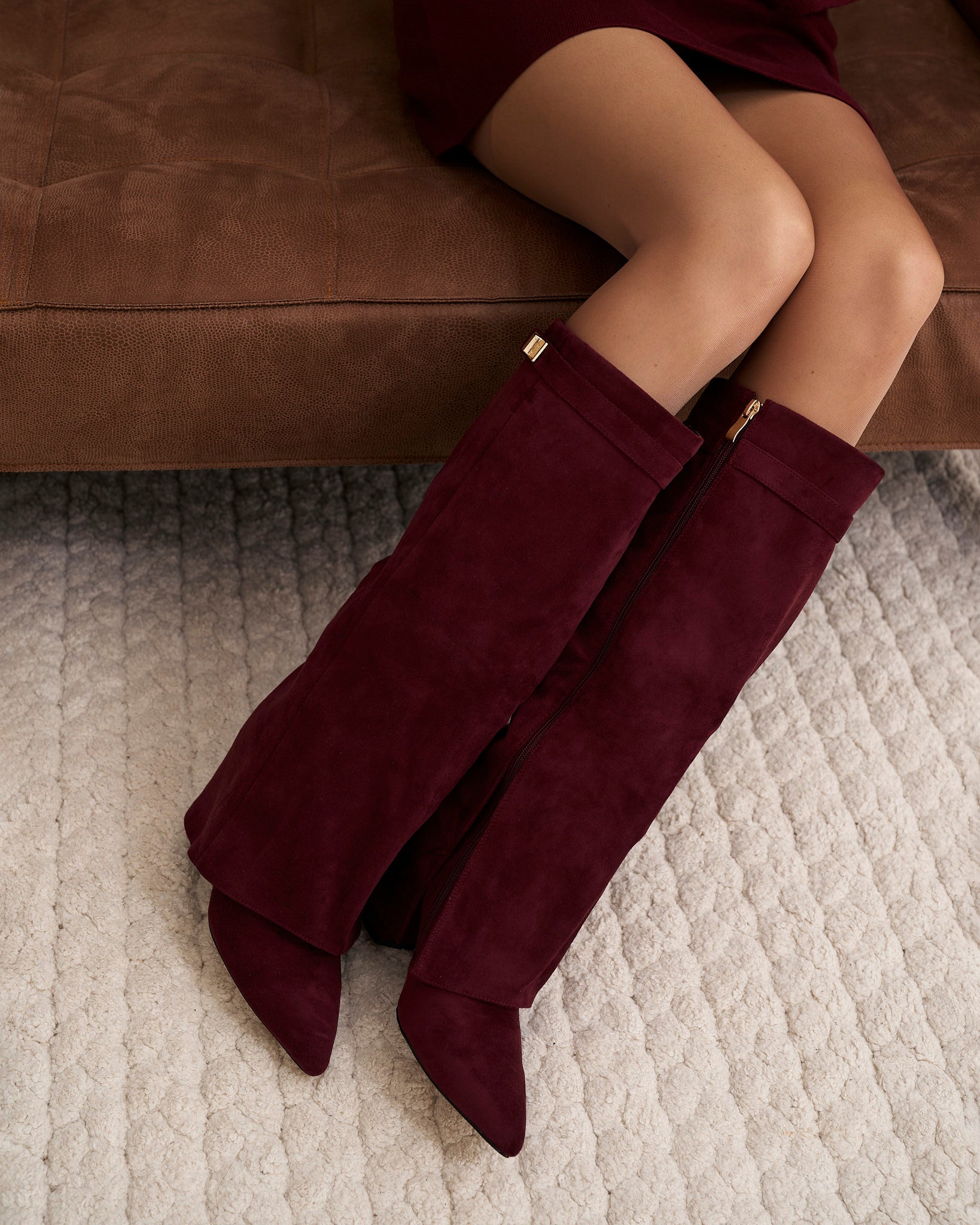 Women's Burgundy Suede Knee-High Boots with Buckle & Hidden Heel