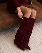 Women's Burgundy Slouchy Suede Knee-High Boots with Buckle & Hidden Heel