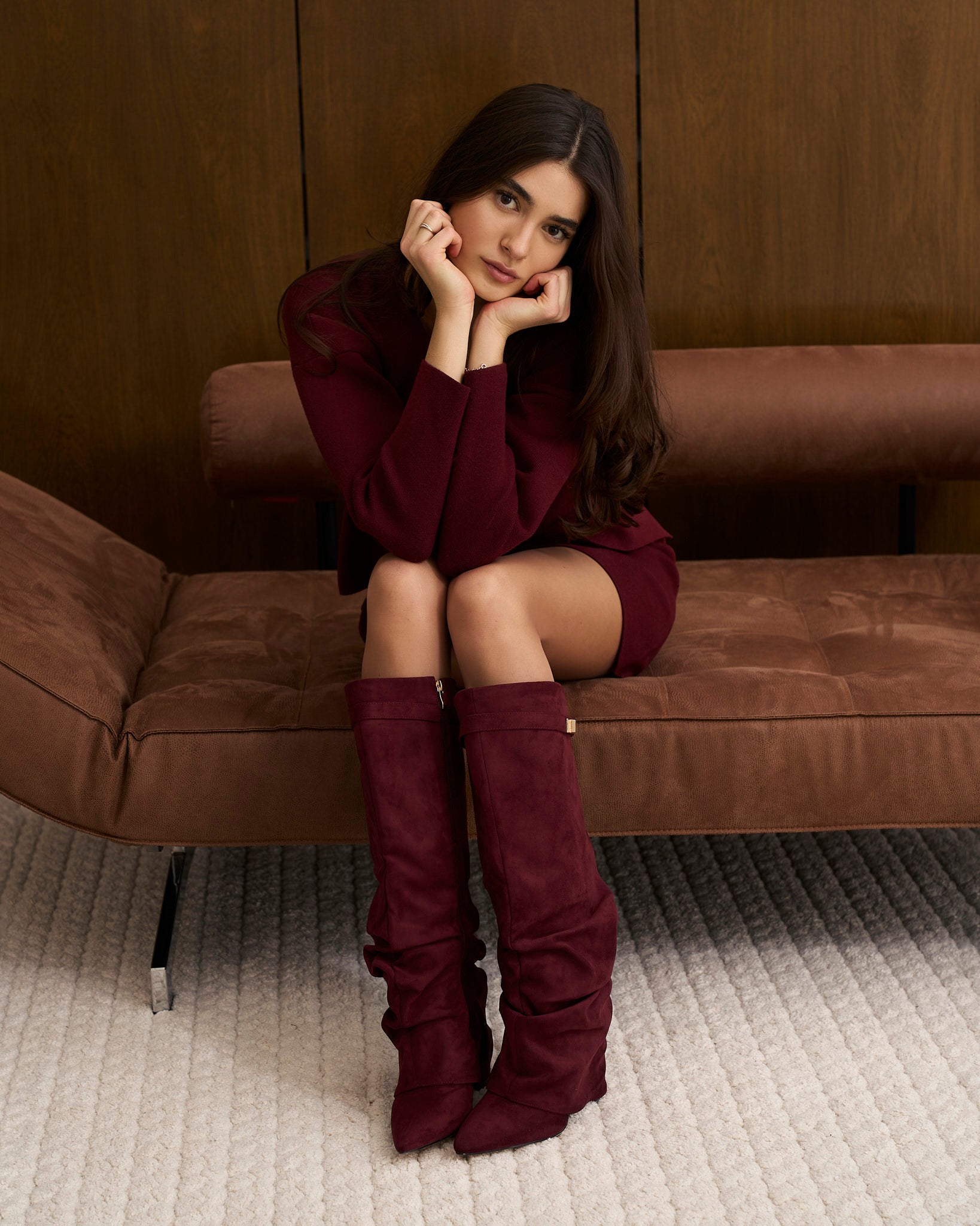 Women's Burgundy Slouchy Suede Knee-High Boots with Buckle & Hidden Heel