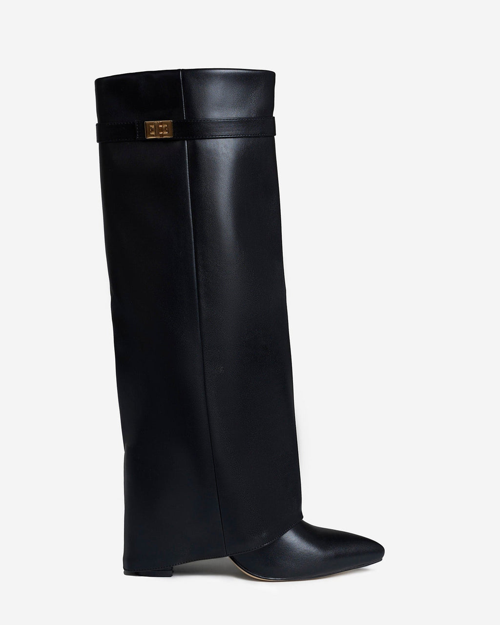 Women's Black Leather Knee-High Boots with Buckle & Hidden Heel