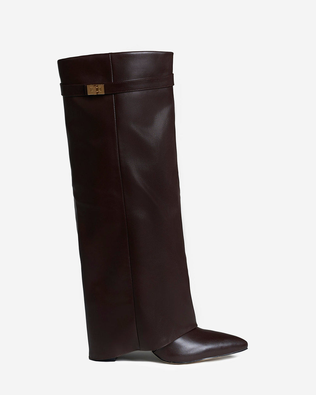 Women's Dark Brown Leather Knee-High Boots with Buckle & Hidden Heel