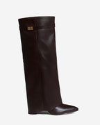 Women's Dark Brown Leather Knee-High Boots with Buckle & Hidden Heel