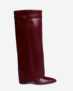 Women's Burgundy Leather Knee-High Boots with Buckle & Hidden Heel