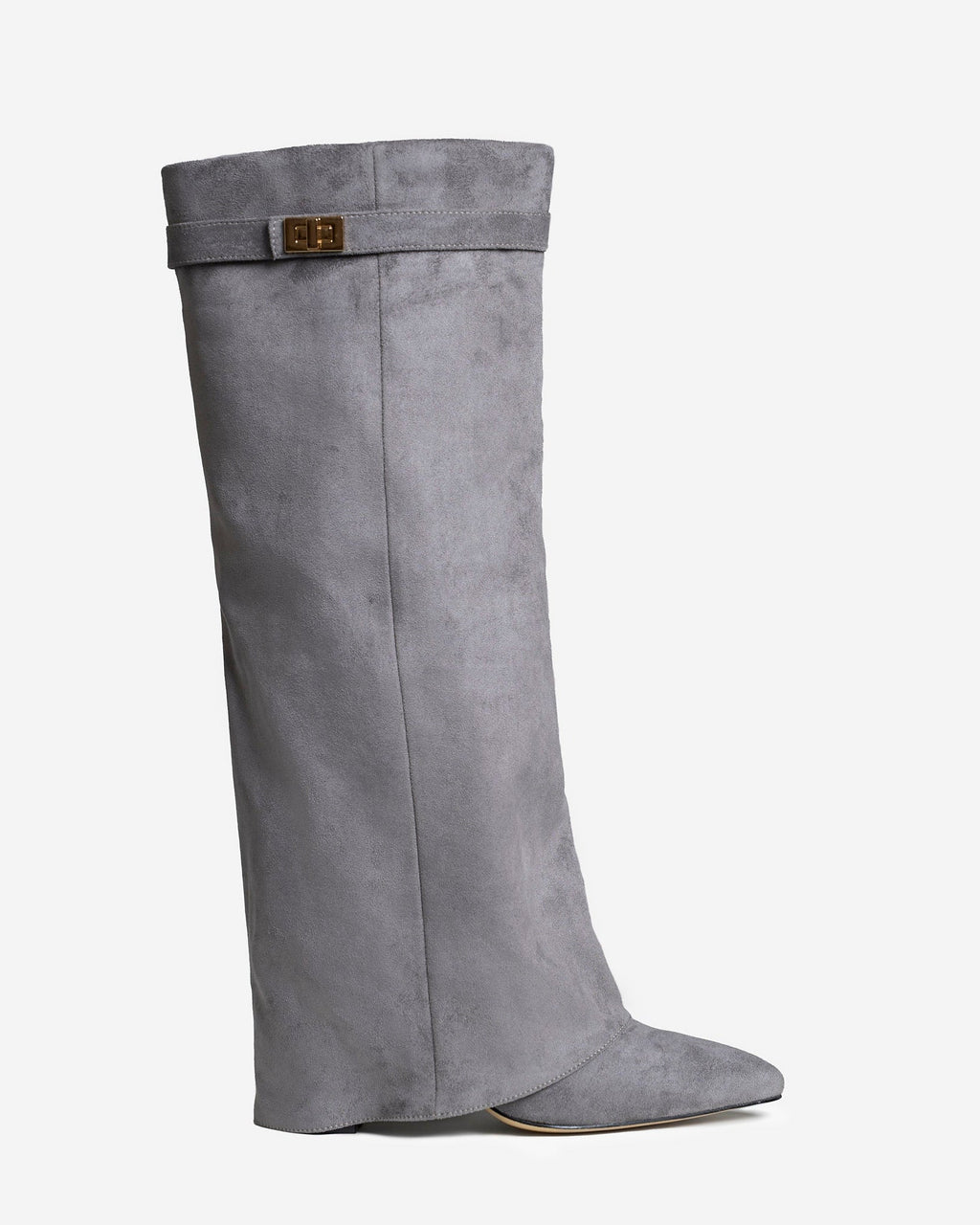 Women's Grey Suede Knee-High Boots with Buckle & Hidden Heel