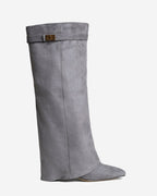 Women's Grey Suede Knee-High Boots with Buckle & Hidden Heel