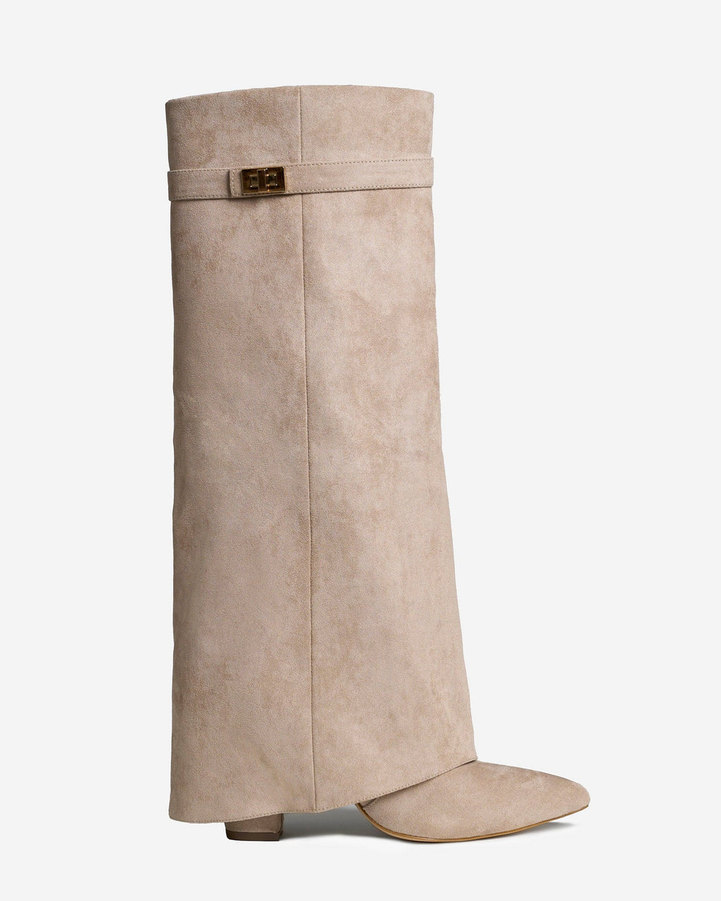 Women's Beige Suede Knee-High Boots with Buckle & Hidden Heel