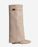 Women's Beige Suede Knee-High Boots with Buckle & Hidden Heel