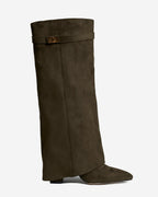 Women's Olive Green Suede Knee-High Boots with Buckle & Hidden Heel