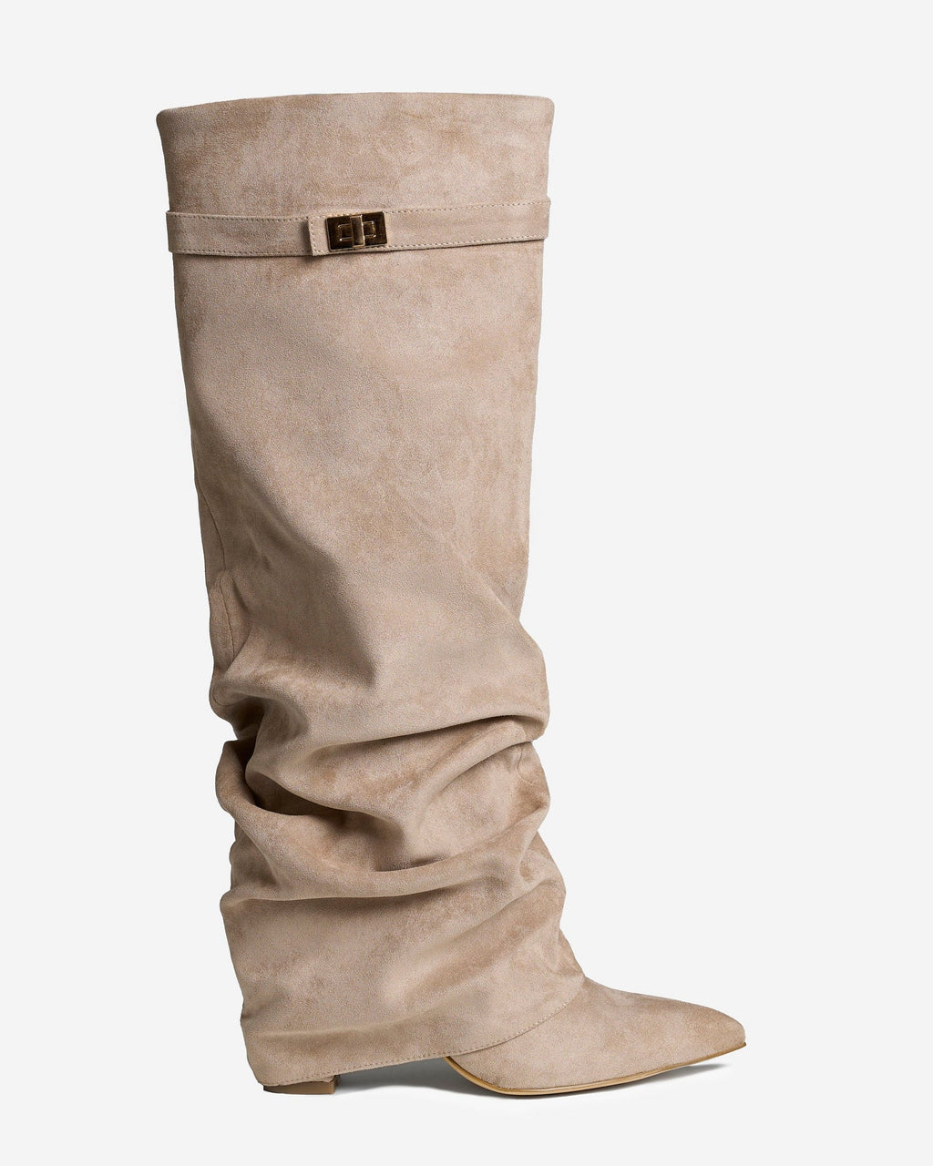 Women's Beige Slouchy Suede Knee-High Boots with Buckle & Hidden Heel