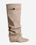 Women's Beige Slouchy Suede Knee-High Boots with Buckle & Hidden Heel