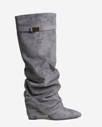 Women's Grey Slouchy Suede Knee-High Boots with Buckle & Hidden Heel