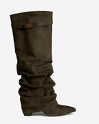 Women's Olive Green Slouchy Suede Knee-High Boots with Buckle & Hidden Heel