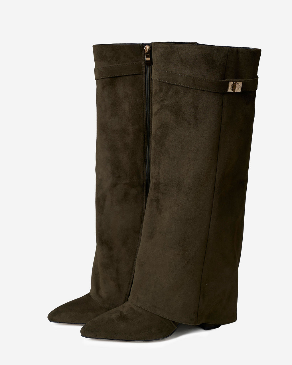 Women's Olive Green Suede Knee-High Boots with Buckle & Hidden Heel