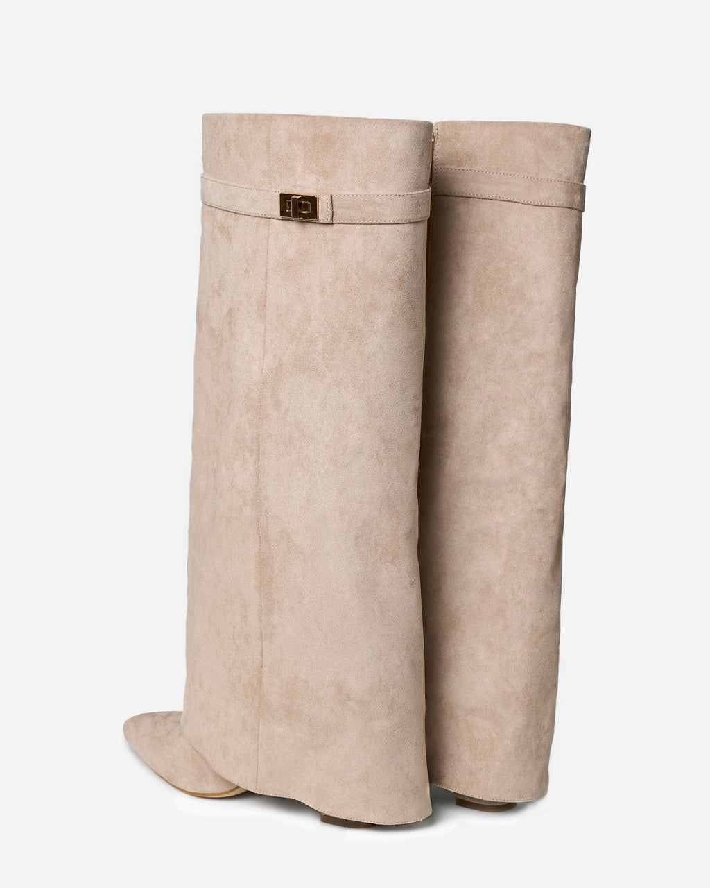 Women's Beige Suede Knee-High Boots with Buckle & Hidden Heel