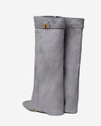 Women's Grey Suede Knee-High Boots with Buckle & Hidden Heel