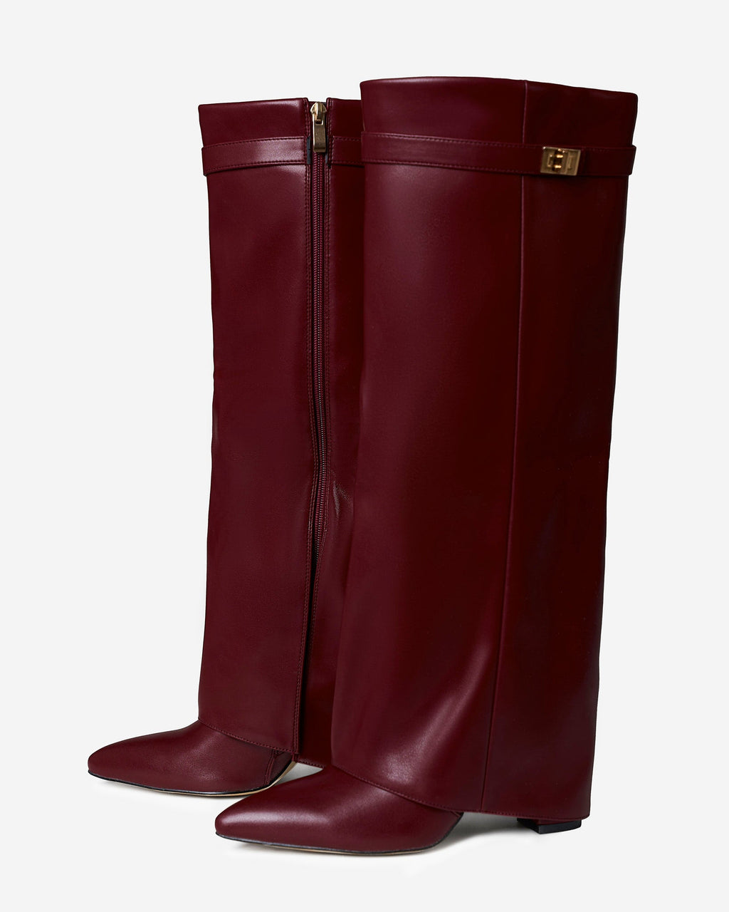 Women's Burgundy Leather Knee-High Boots with Buckle & Hidden Heel