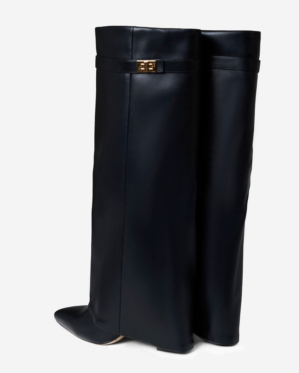 Women's Black Leather Knee-High Boots with Buckle & Hidden Heel