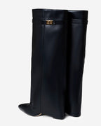 Women's Black Leather Knee-High Boots with Buckle & Hidden Heel