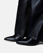 Women's Black Leather Knee-High Boots with Buckle & Hidden Heel