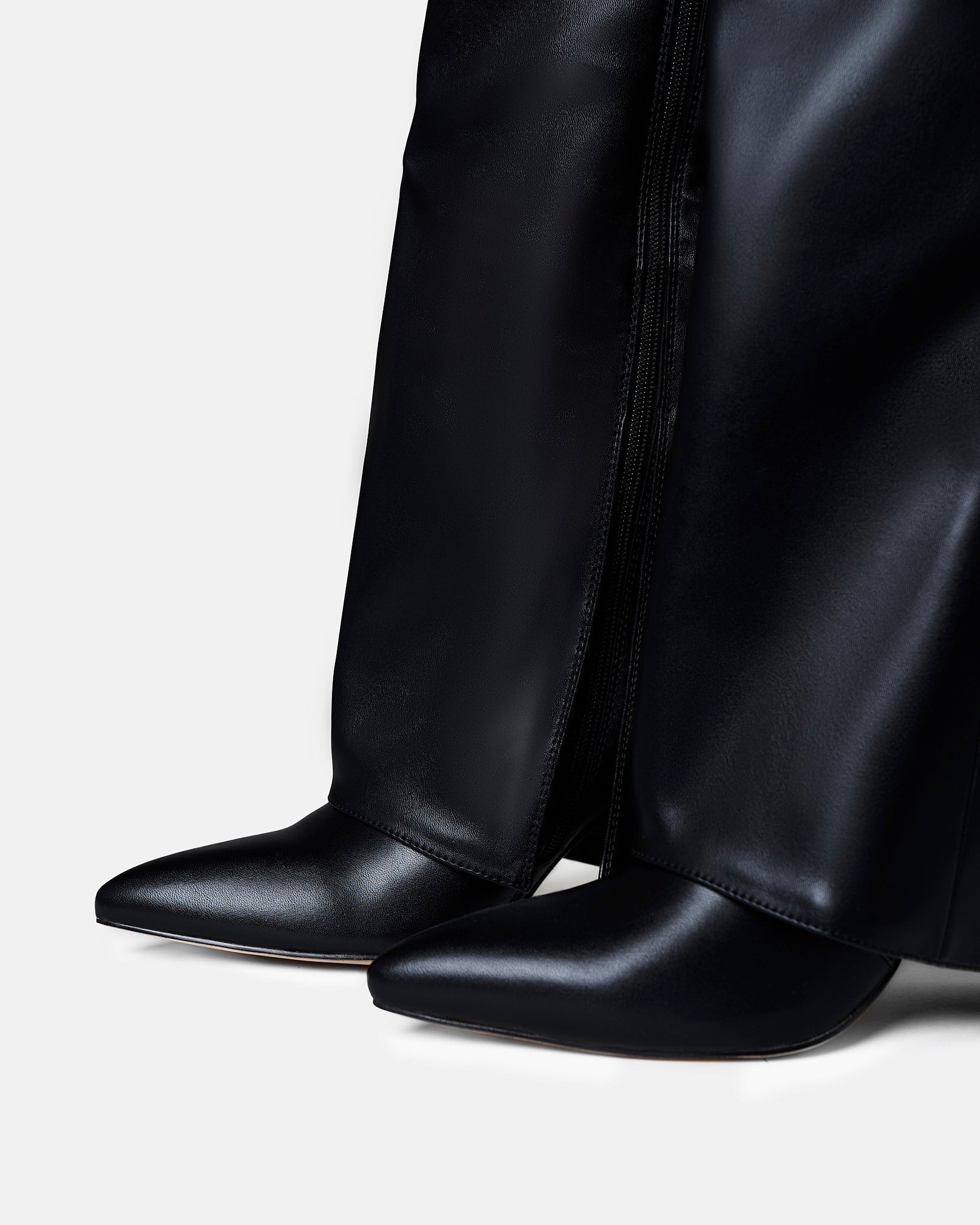 Women's Black Leather Knee-High Boots with Buckle & Hidden Heel