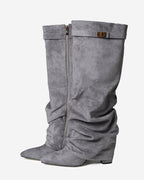 Women's Grey Slouchy Suede Knee-High Boots with Buckle & Hidden Heel