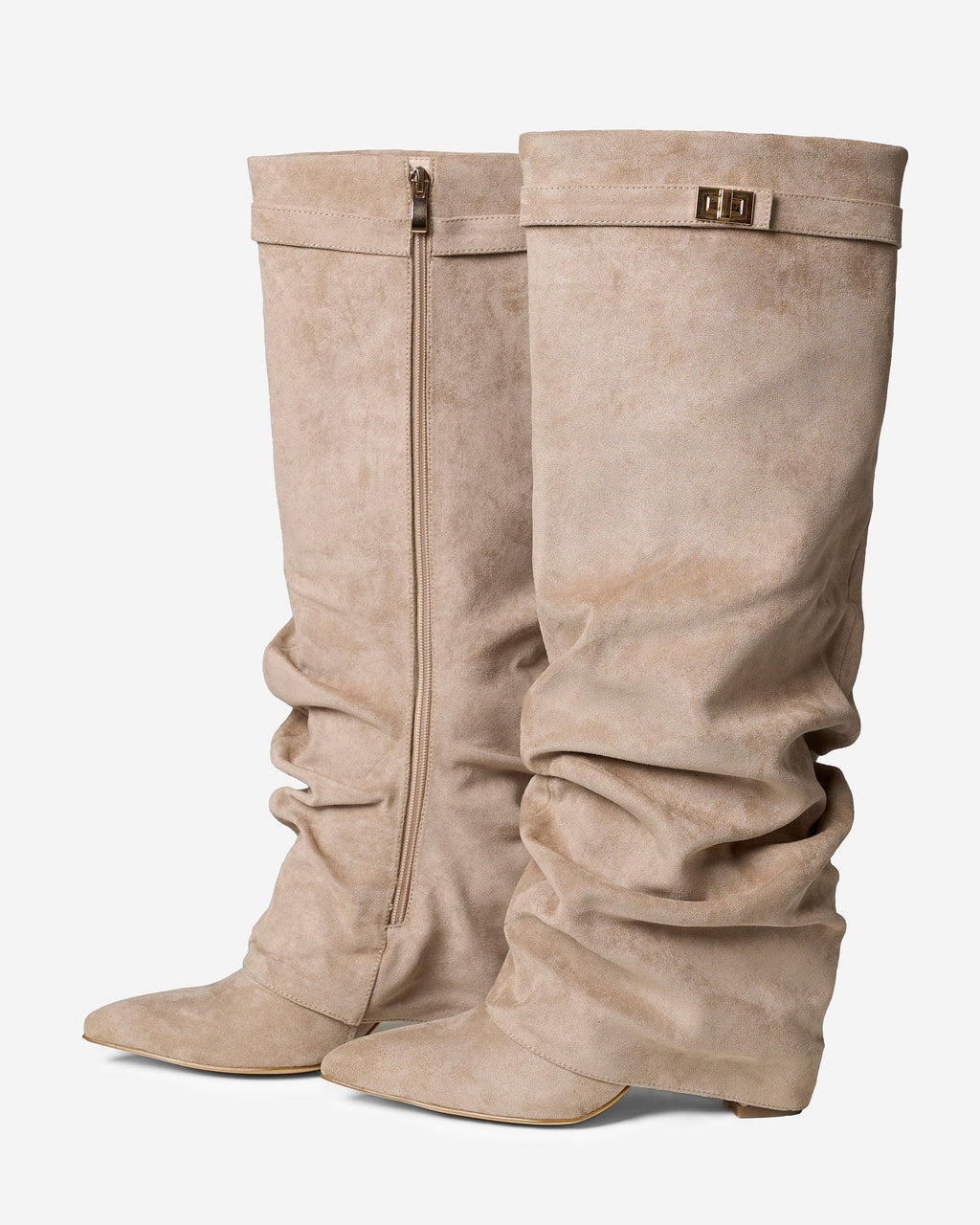 Women's Beige Slouchy Suede Knee-High Boots with Buckle & Hidden Heel