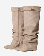 Women's Beige Slouchy Suede Knee-High Boots with Buckle & Hidden Heel