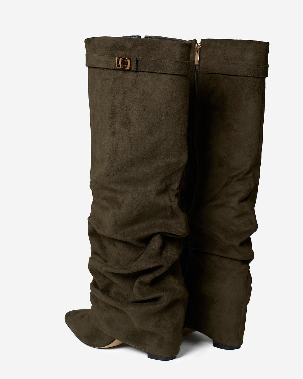 Women's Olive Green Slouchy Suede Knee-High Boots with Buckle & Hidden Heel