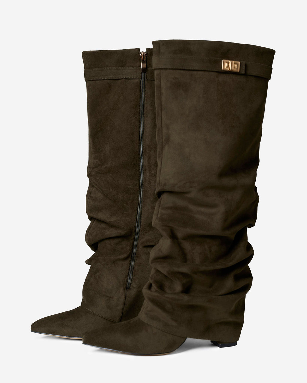 Women's Olive Green Slouchy Suede Knee-High Boots with Buckle & Hidden Heel