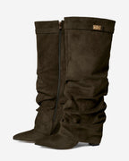 Women's Olive Green Slouchy Suede Knee-High Boots with Buckle & Hidden Heel