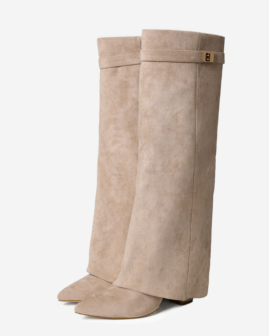 Women's Beige Suede Knee-High Boots with Buckle & Hidden Heel